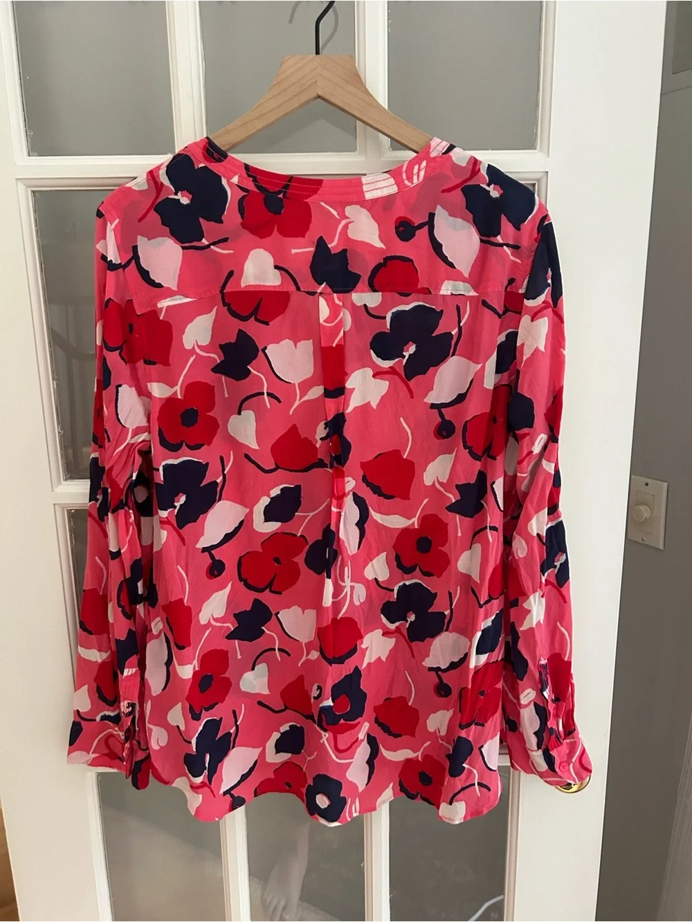 Talbots Pink Floral Popover Blouse with Navy Accents